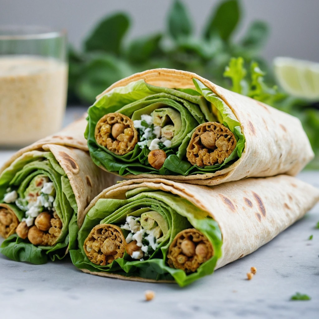 Colorful wraps stuffed with green romaine, creamy dressing, and golden crispy chickpeas, sprinkled with Parmesan.