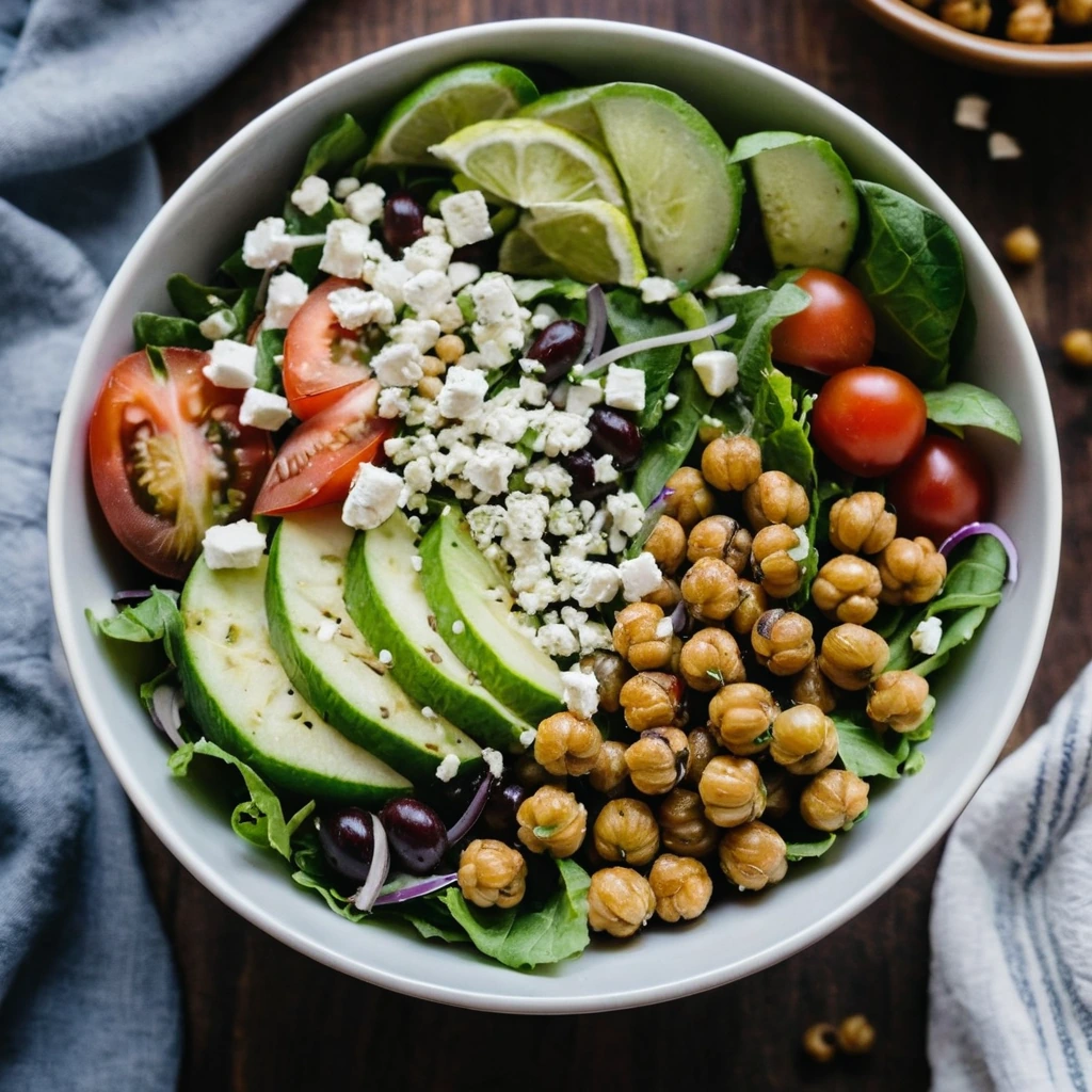 A vibrant bowl filled with crispy chickpeas, mixed greens, juicy tomatoes, cucumbers, and feta cheese drizzled with olive oil.