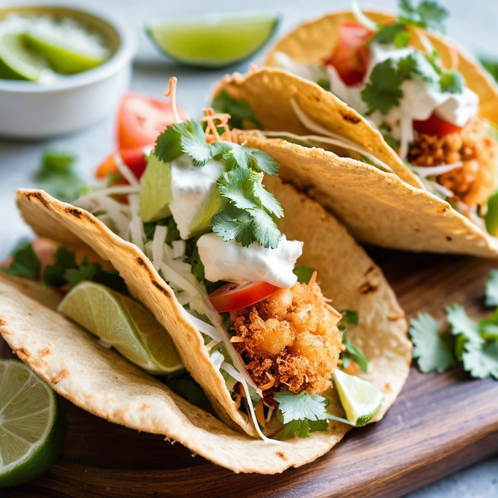 Golden shrimp in taco boats with coconut crust and lime wedge garnish