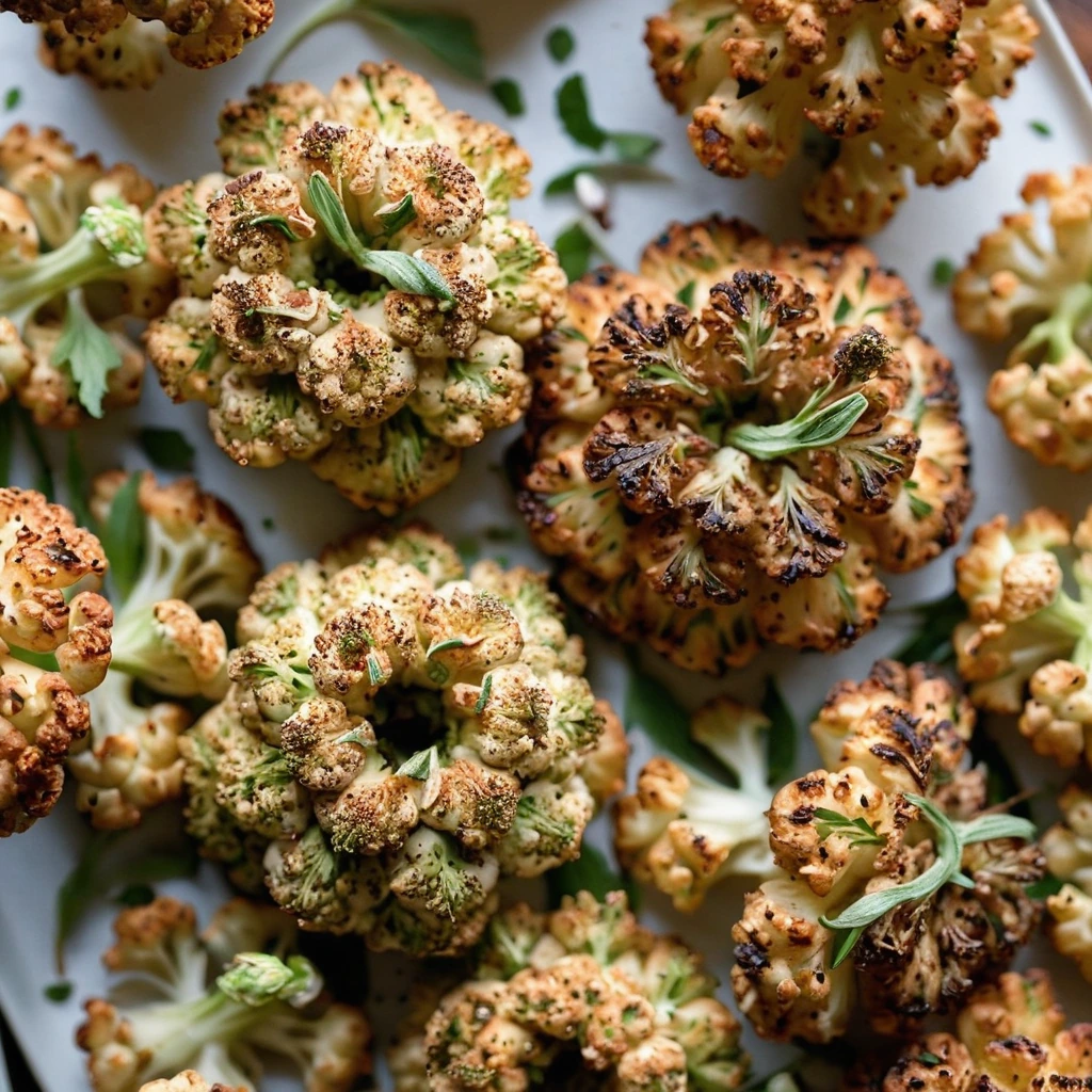 Crispy roasted cauliflower florets dusted with everything bagel seasoning, golden brown on a white plate.