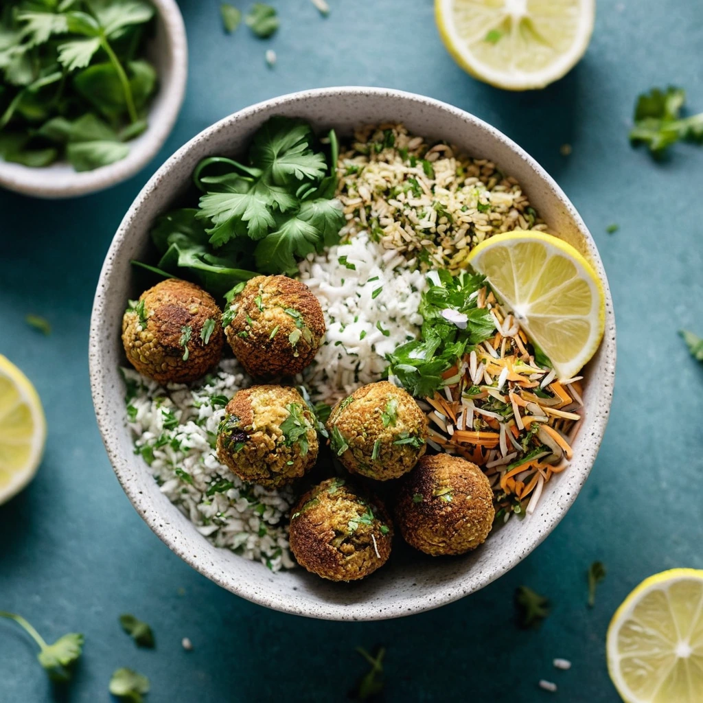 Bowl of vibrant green lemon herb rice with golden crispy falafel balls and tahini drizzle