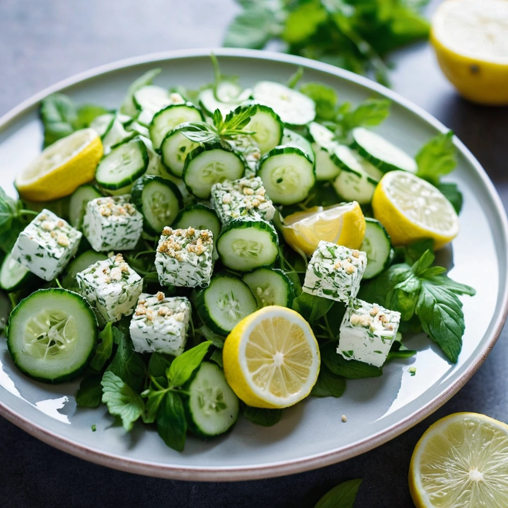 Crispy golden feta cubes and fresh cucumber slices arranged on a plate, drizzled with a vibrant green dressing, garnished with fresh herbs.