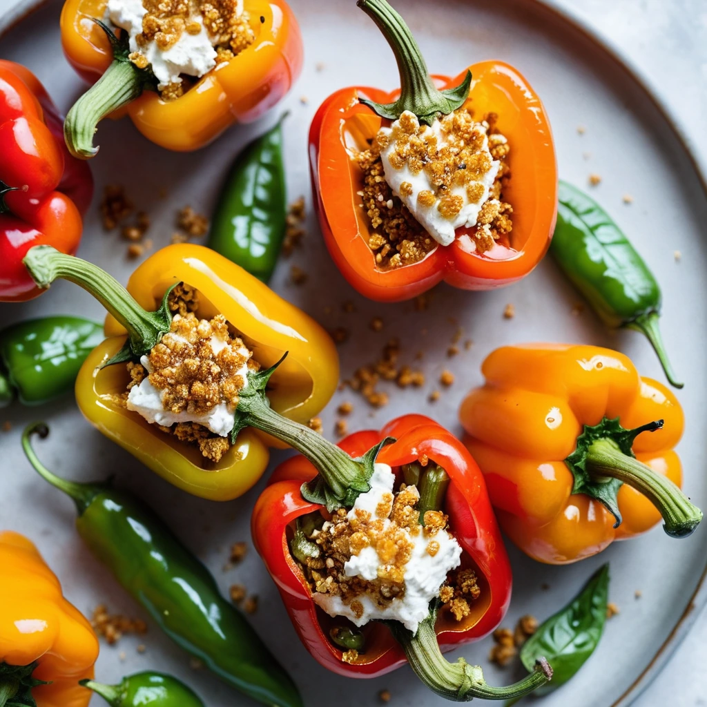 Four halved bell peppers, golden and crispy, stuffed with creamy feta and drizzled with a vibrant orange-red hot honey glaze.