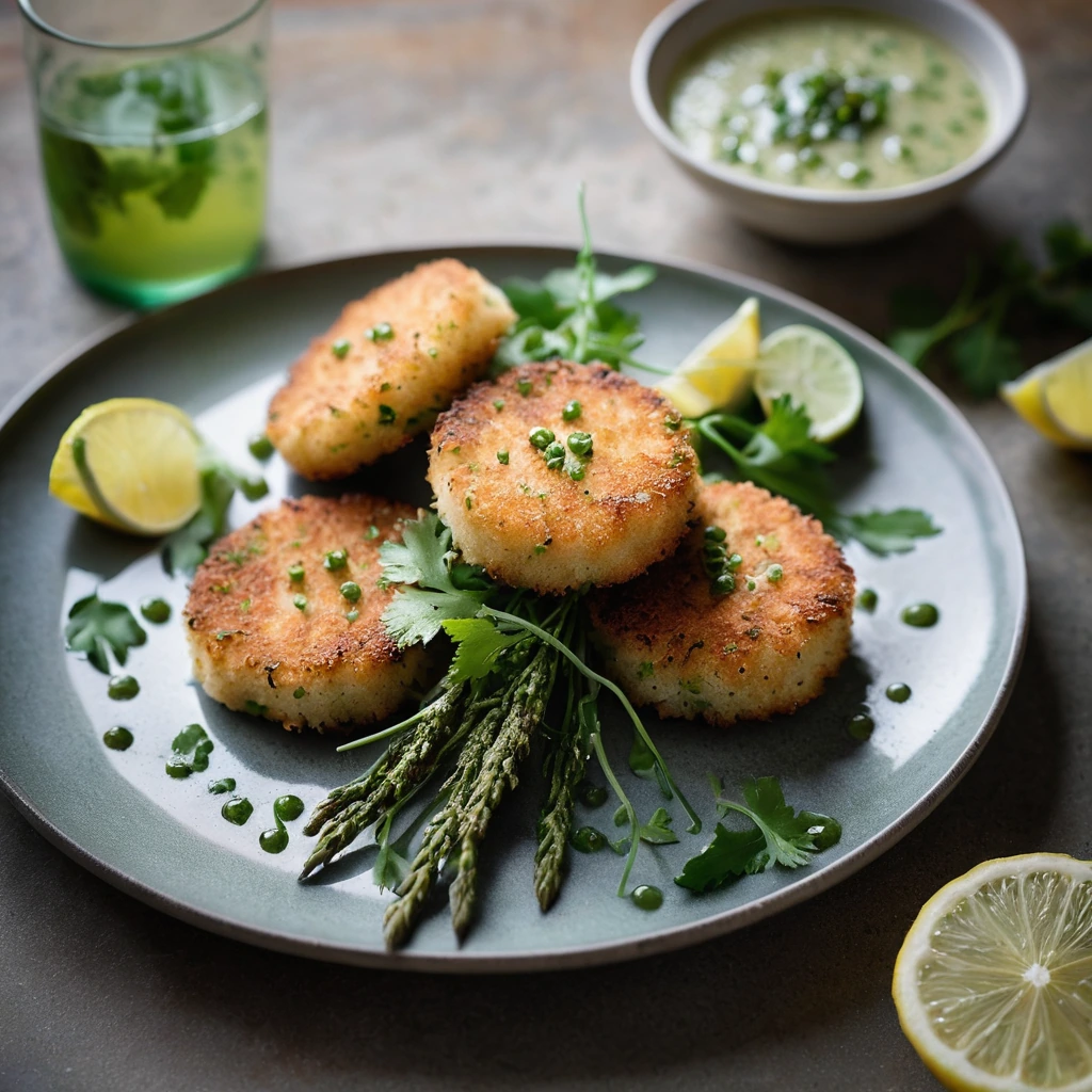 Platter of golden brown fish cakes garnished with fresh parsley and served with a vibrant green lemon caper sauce.