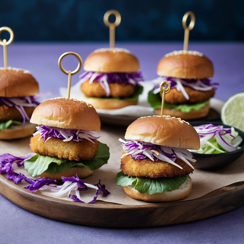 Miniature buns holding crispy golden fish patties topped with vibrant purple and white cabbage slaw.