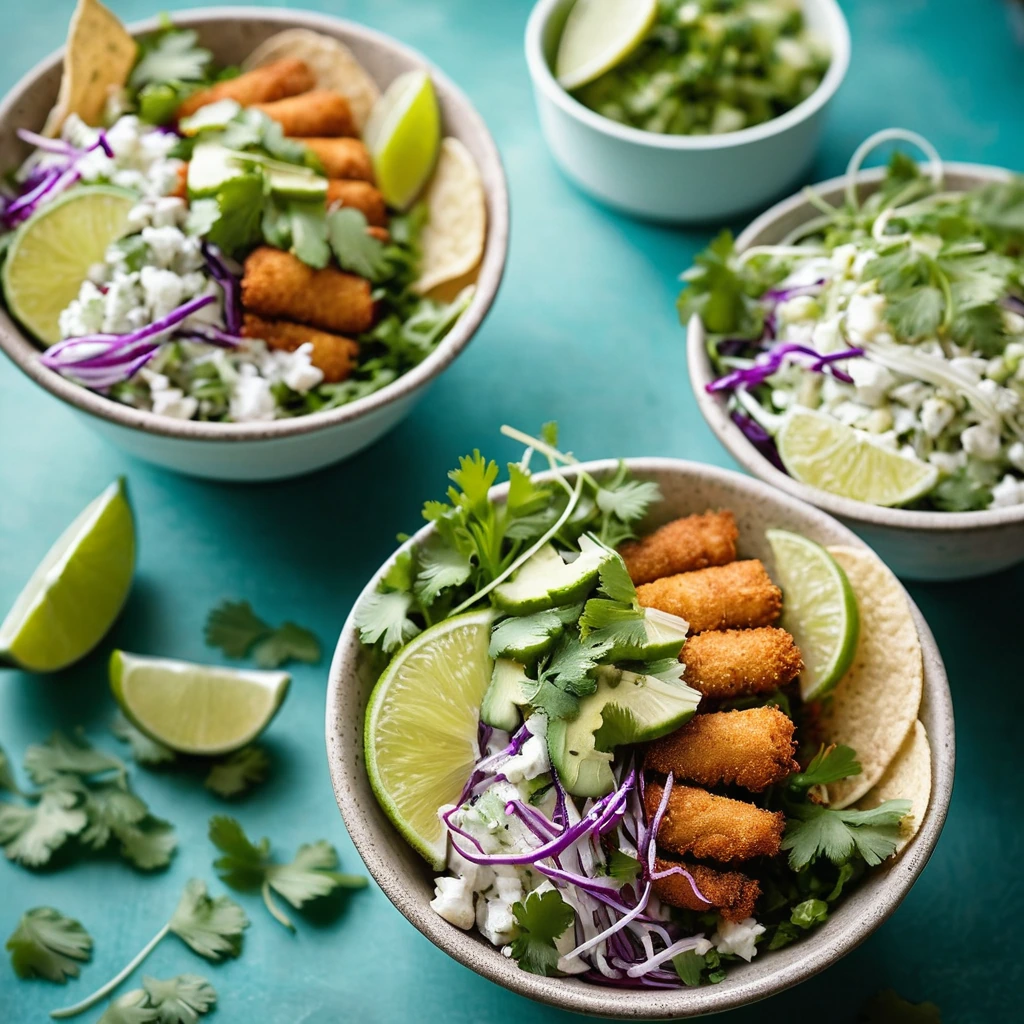 Taco bowls filled with crispy fish pieces and vibrant green cilantro slaw, garnished with lime wedges.