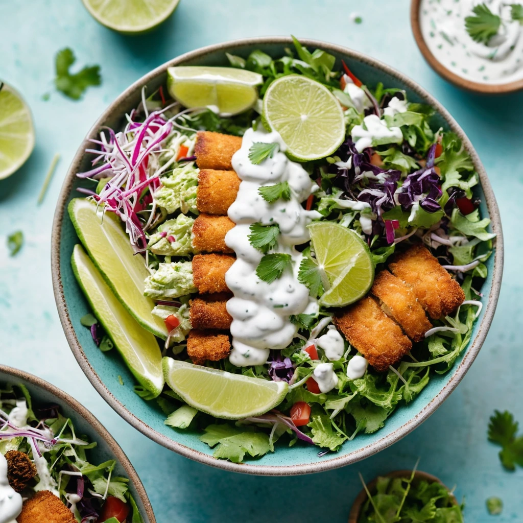 colorful salad bowl with crispy fish chunks, vibrant greens, and a drizzle of creamy sauce