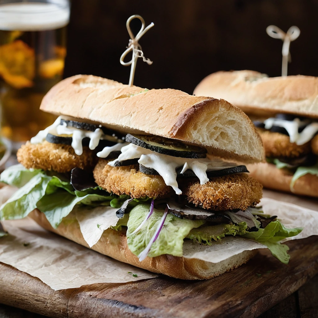 Crispy golden mushroom cutlets in a toasted baguette with pickles and mayo, nestled on a rustic wooden board.