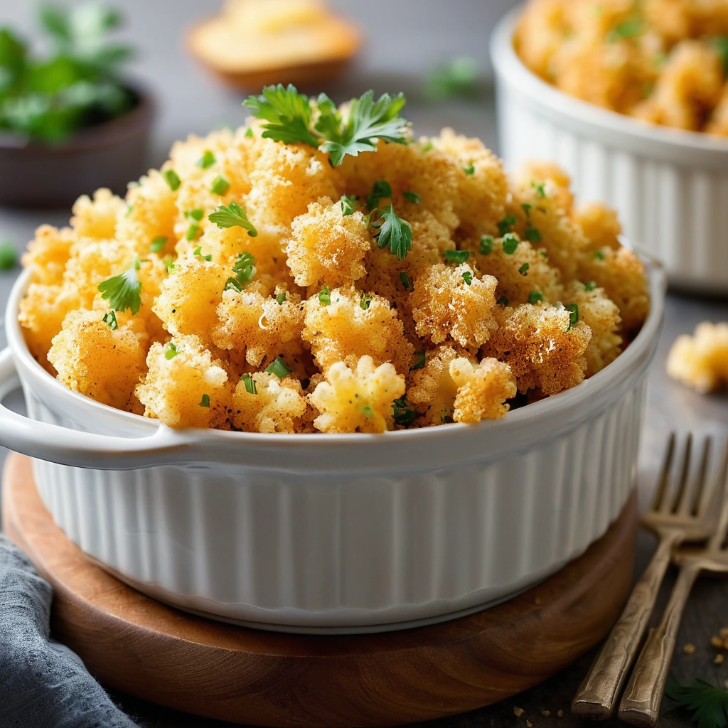 A bubbly casserole dish with golden-brown panko topping sprinkled with green parsley over orange mac and cheese.
