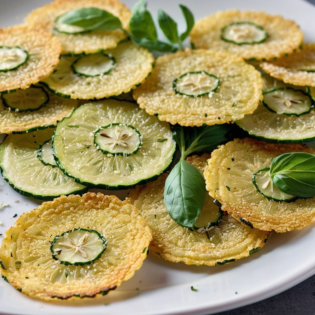 Golden brown zucchini chips on a white plate with a sprinkle of green herbs.