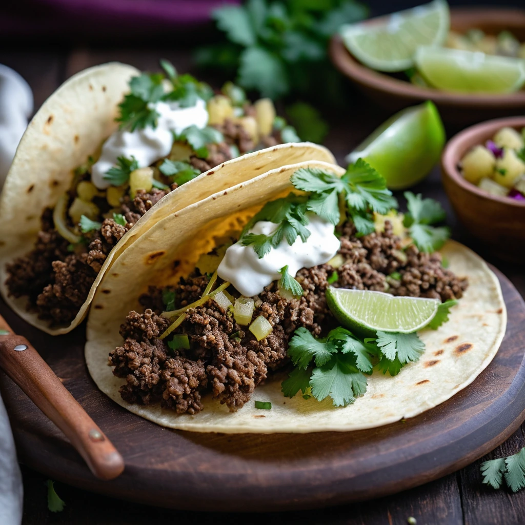 Golden crispy tacos filled with spiced ground beef and diced potatoes, garnished with fresh cilantro and lime wedges on a rustic wooden board.