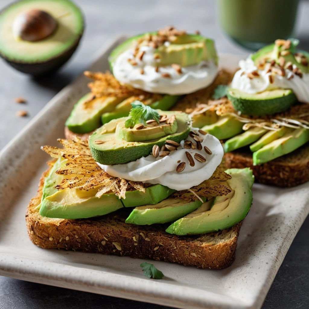 Toasted bread topped with creamy avocado slices and golden, crispy hash browns.