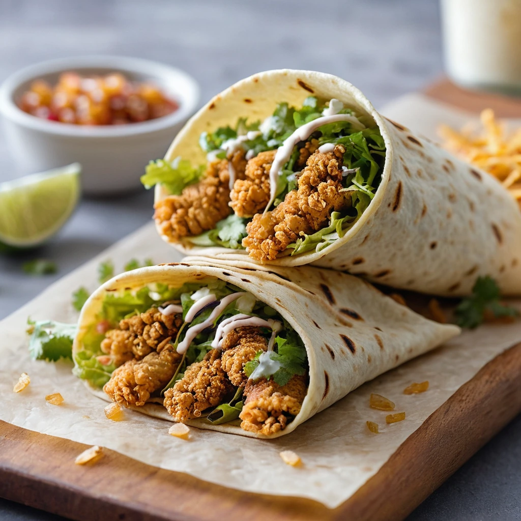 Warm tortillas wrapped around golden crispy chicken with colorful taco toppings and drizzled honey-garlic sauce.
