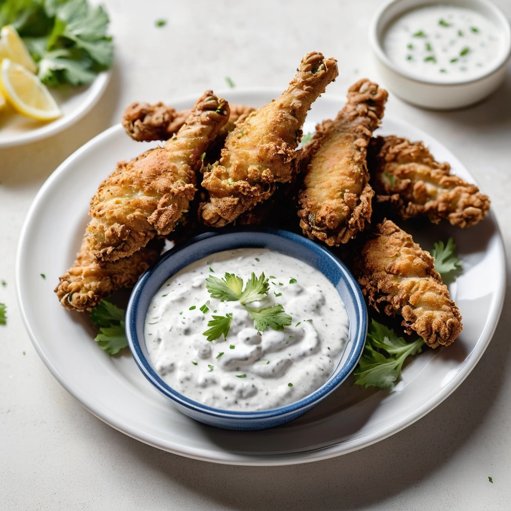 Golden crispy chicken wings on a white plate with a small bowl of creamy ranch dip and lemon slices.