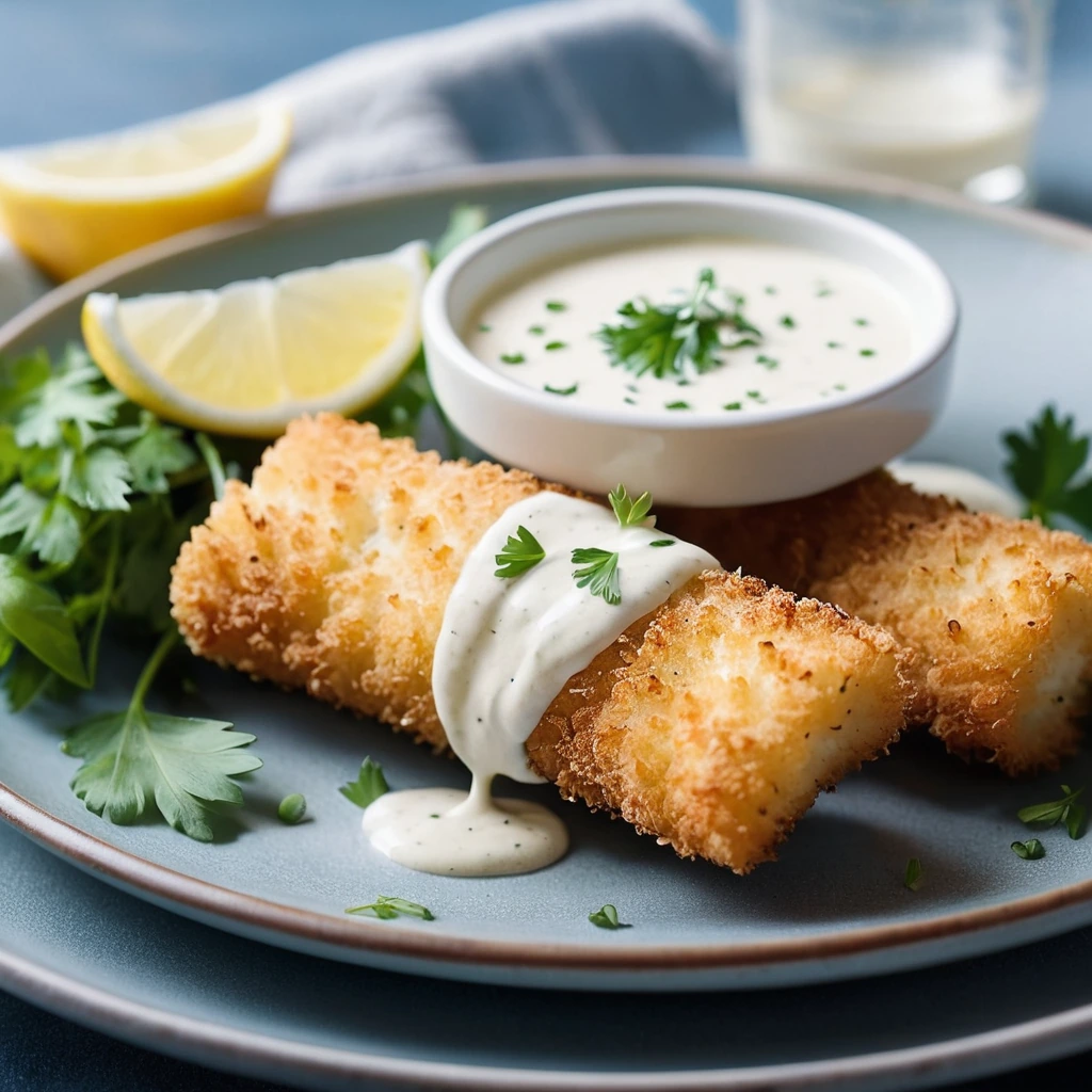 Crispy golden fish sticks on a plate with a drizzle of creamy lemon mayo and a sprinkle of fresh parsley.