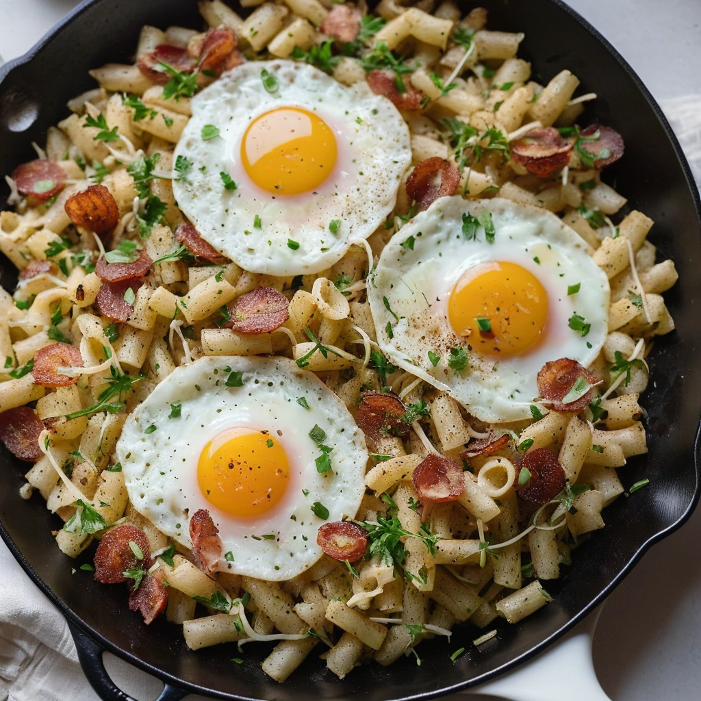 Golden brown hash in a skillet topped with a cracked egg, sprinkled with parsley and crispy pancetta.