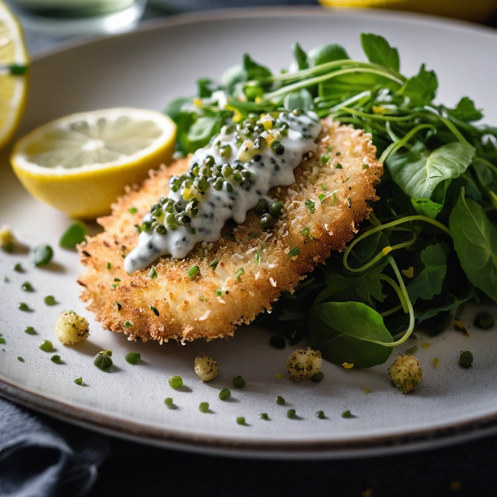 Plated chicken cutlets with golden crispy crust, drizzled with a vibrant green lemon caper sauce, garnished with lemon slices.