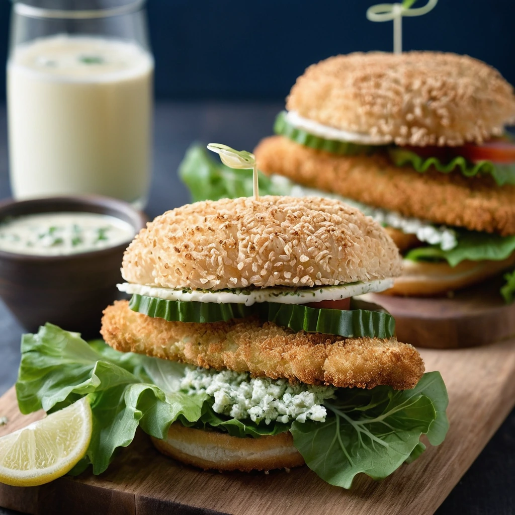 Two golden-brown fish fillets in toasted buns with lettuce and tartar sauce on a wooden board.