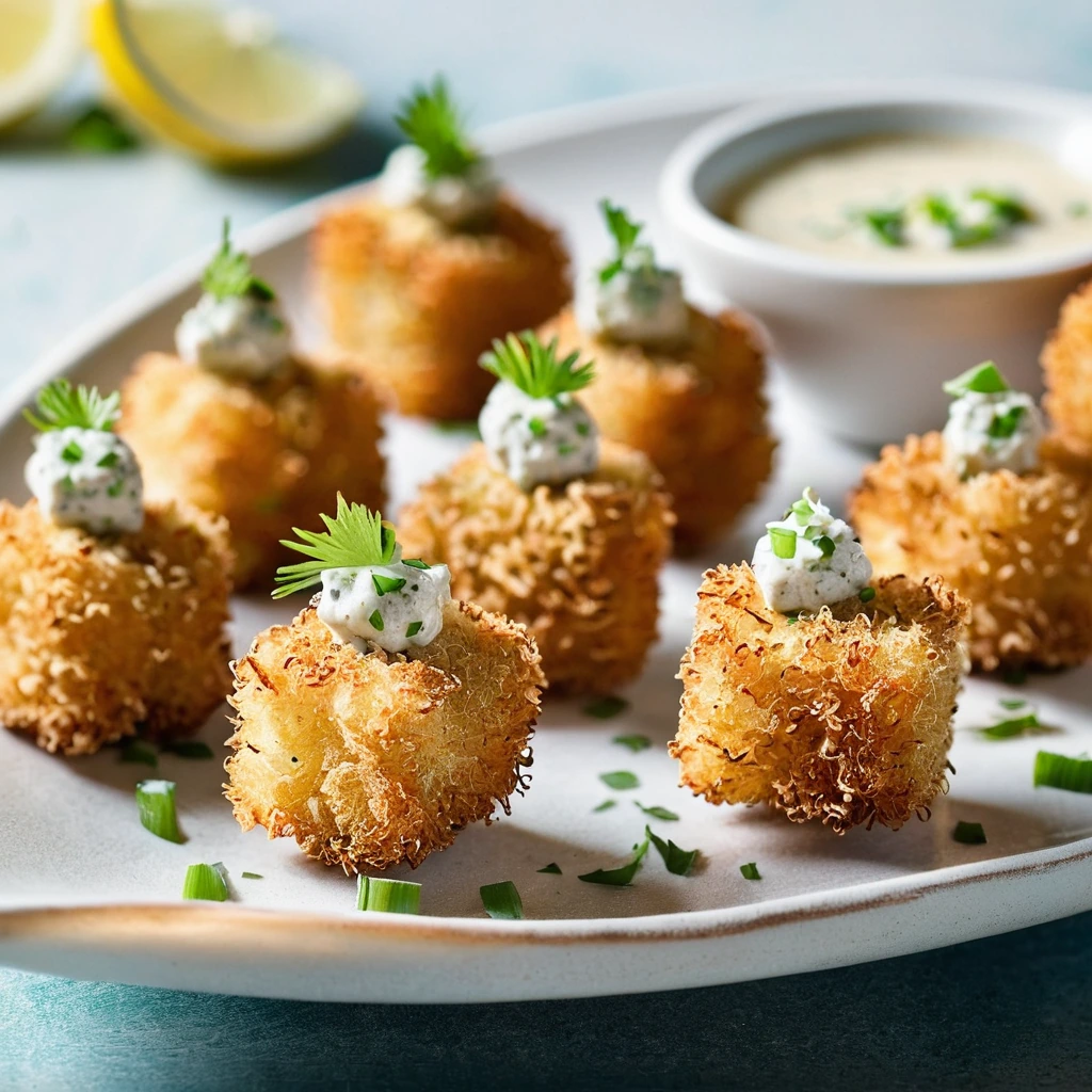 Crispy golden fish bites served with a creamy Old Bay tartar sauce on a white plate.