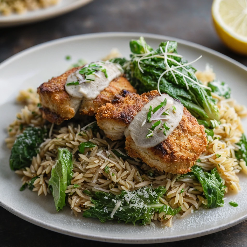 Plump chicken thighs with a golden crispy coating, served over a bed of vibrant green Caesar orzo.