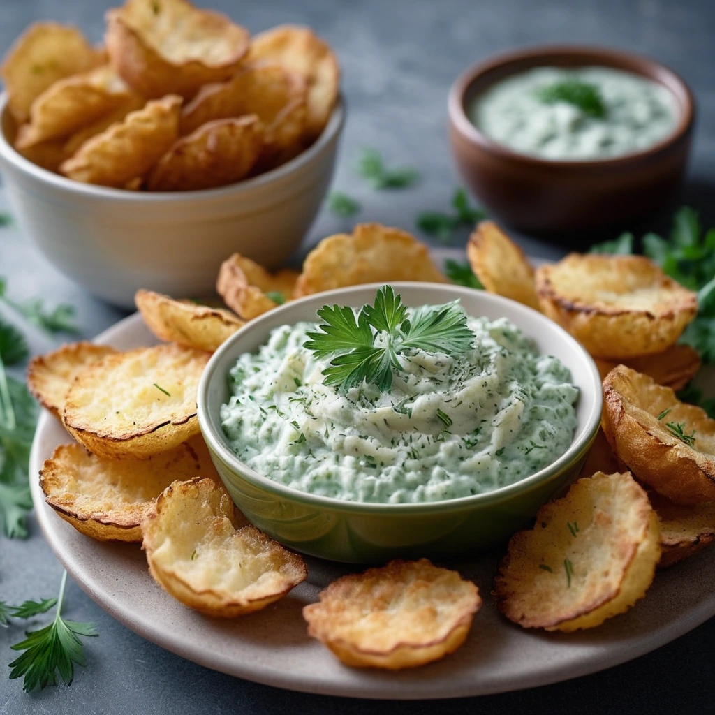 A plate of golden brown crushed potatoes topped with melted parmesan, served with a green herb dip in a small bowl.