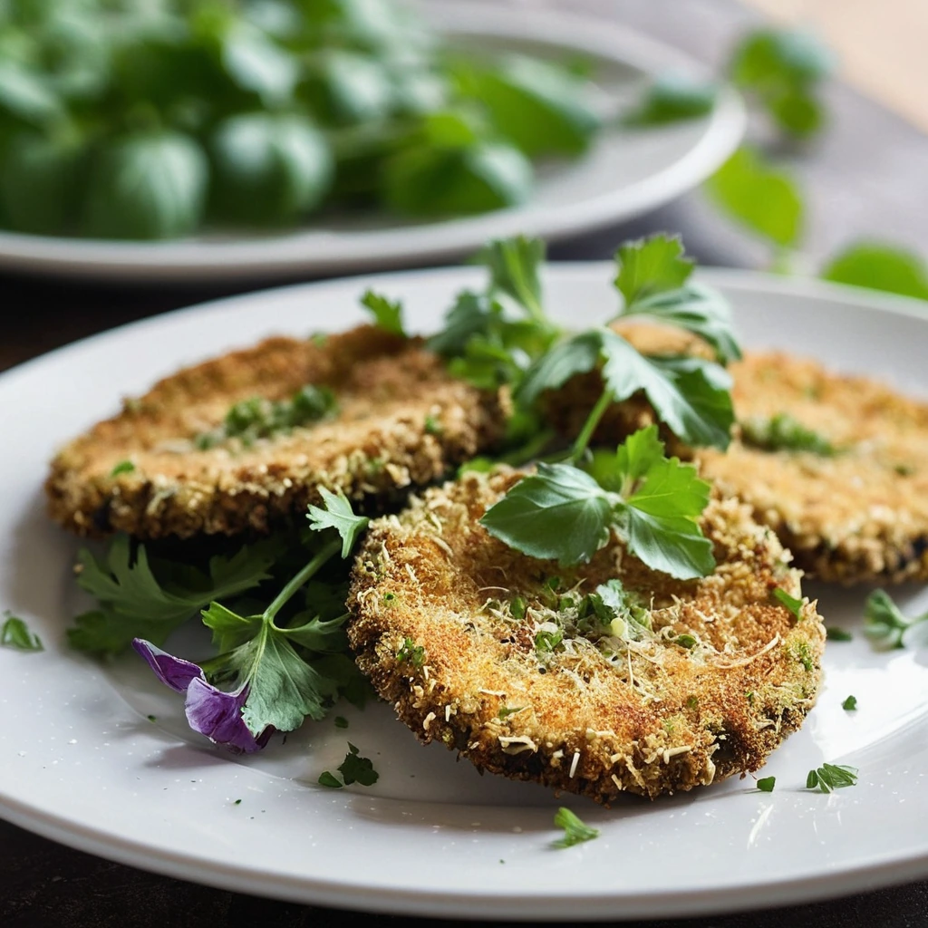 Golden brown eggplant cutlets arranged on a plate with a sprinkle of green parsley.