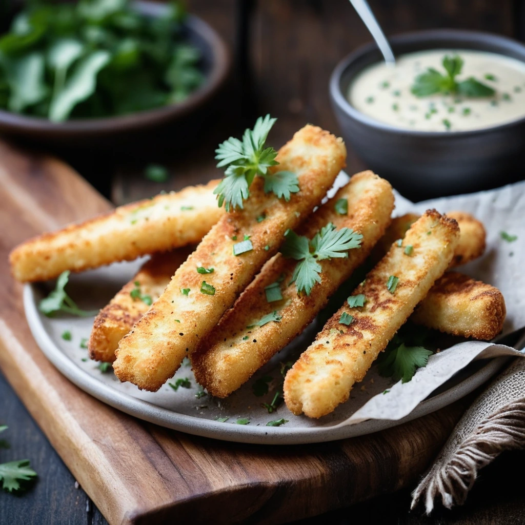 Golden halloumi fries dusted with Parmesan, arranged on a rustic wooden board with a sprinkle of fresh parsley.