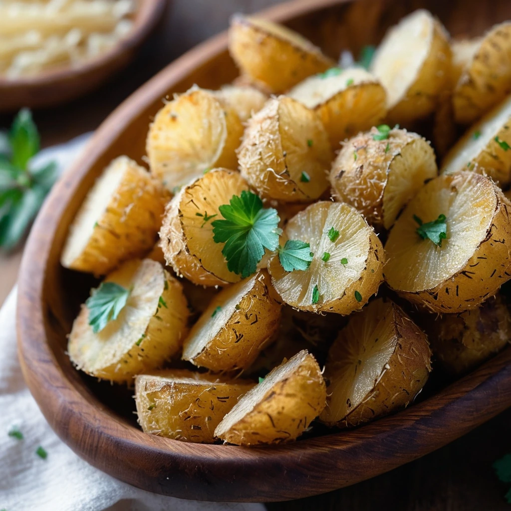 golden crispy potatoes with a sprinkle of parmesan in a rustic wooden bowl