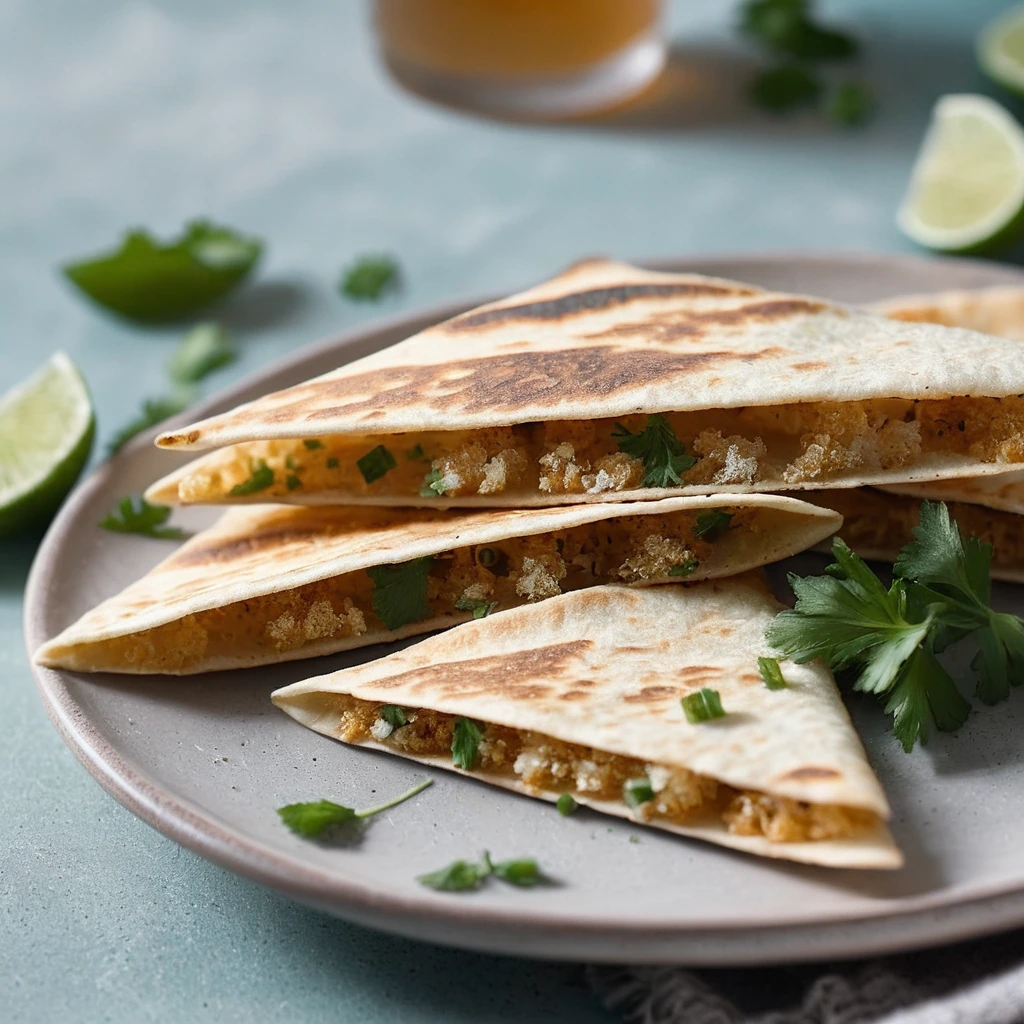 Golden quesadilla wedges on a plate, sprinkled with Parmesan and fresh parsley.