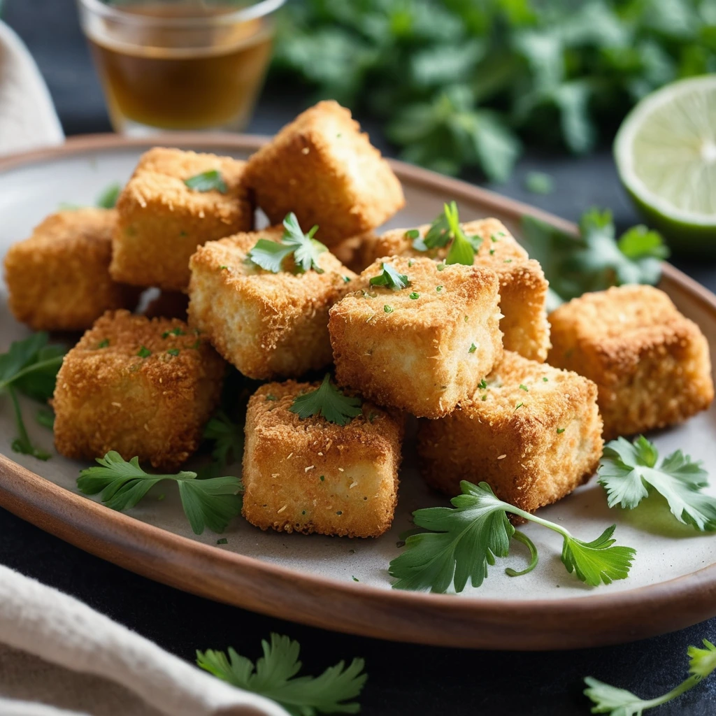 Golden brown tofu nuggets on a plate with a sprinkle of green parsley
