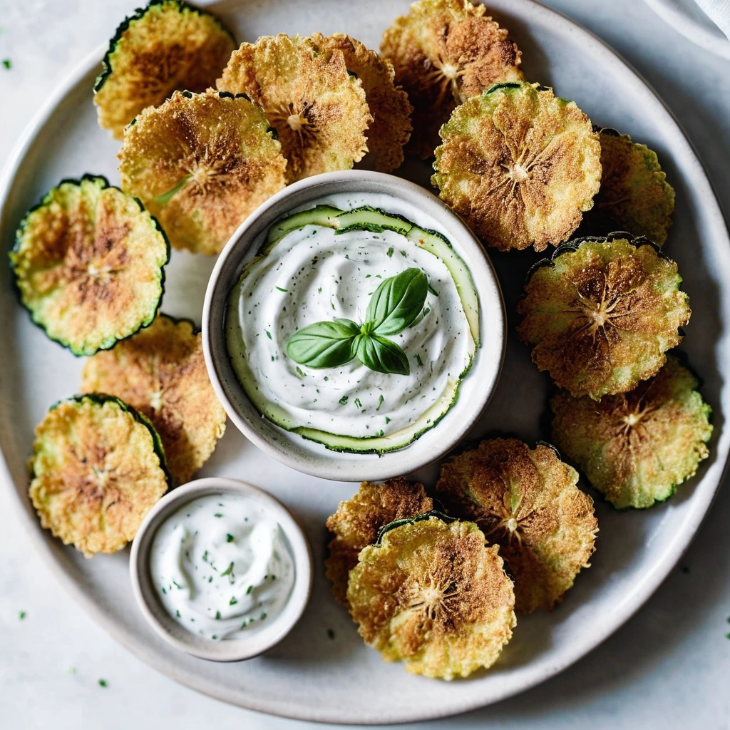 Golden brown zucchini chips fanned out on a white plate with a small bowl of creamy white ranch dip in the center.