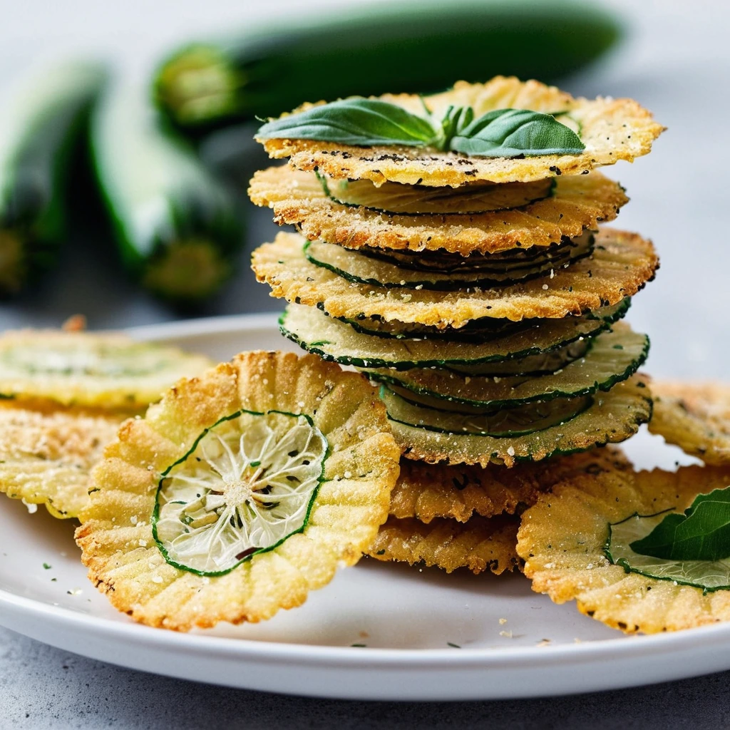 Stacked golden zucchini chips on a white plate with a sprinkle of green herbs.