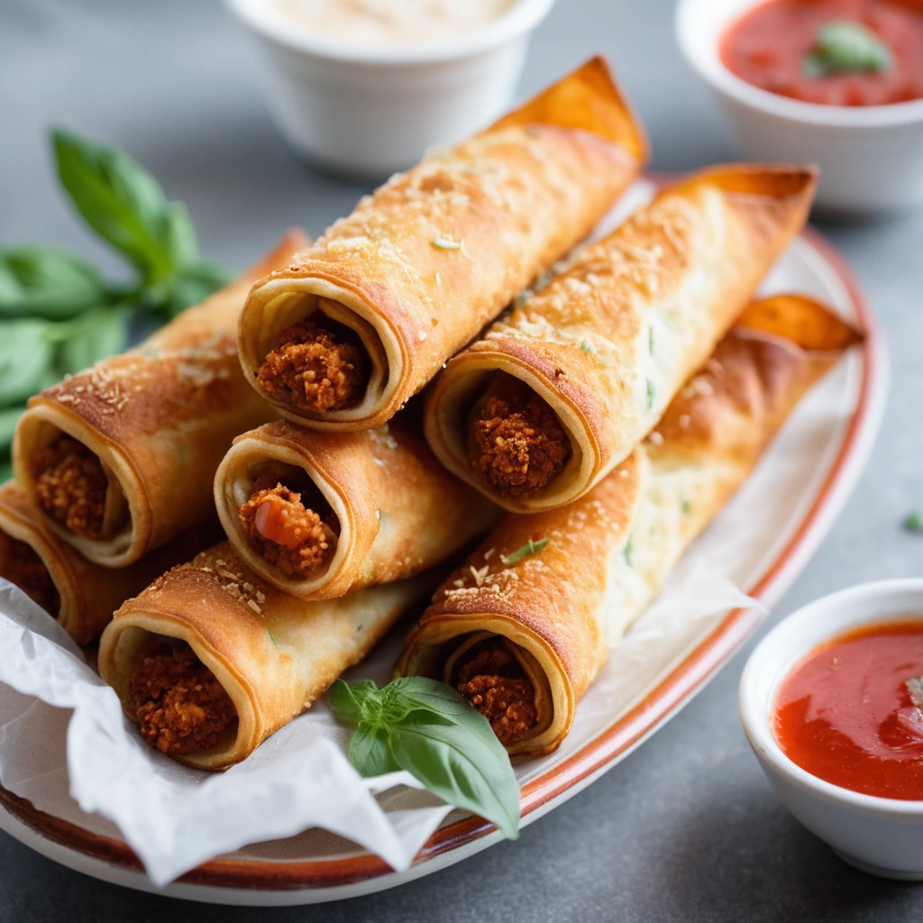 Crispy golden egg rolls on a platter, garnished with fresh basil and a side of marinara sauce.