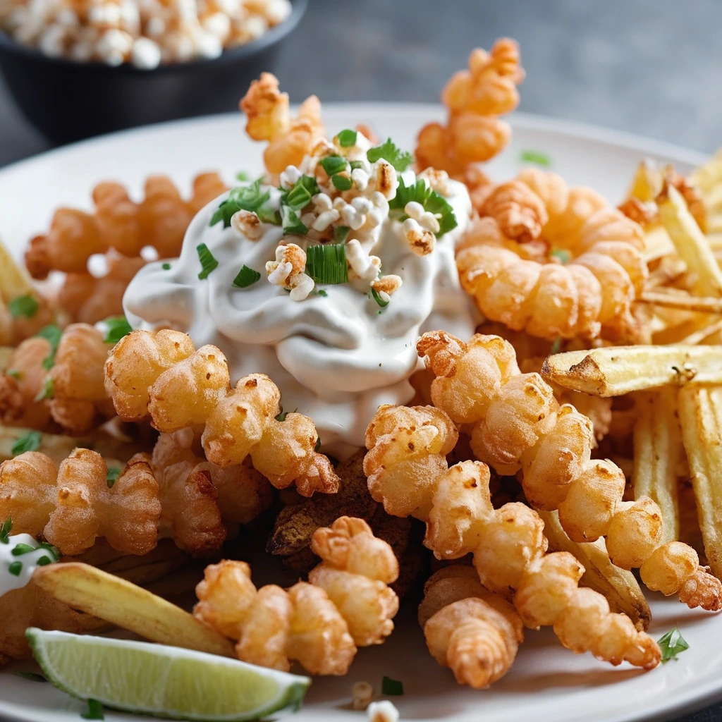 A plate of golden fries topped with crispy popcorn shrimp, drizzled with white sauce and garnished with parsley.