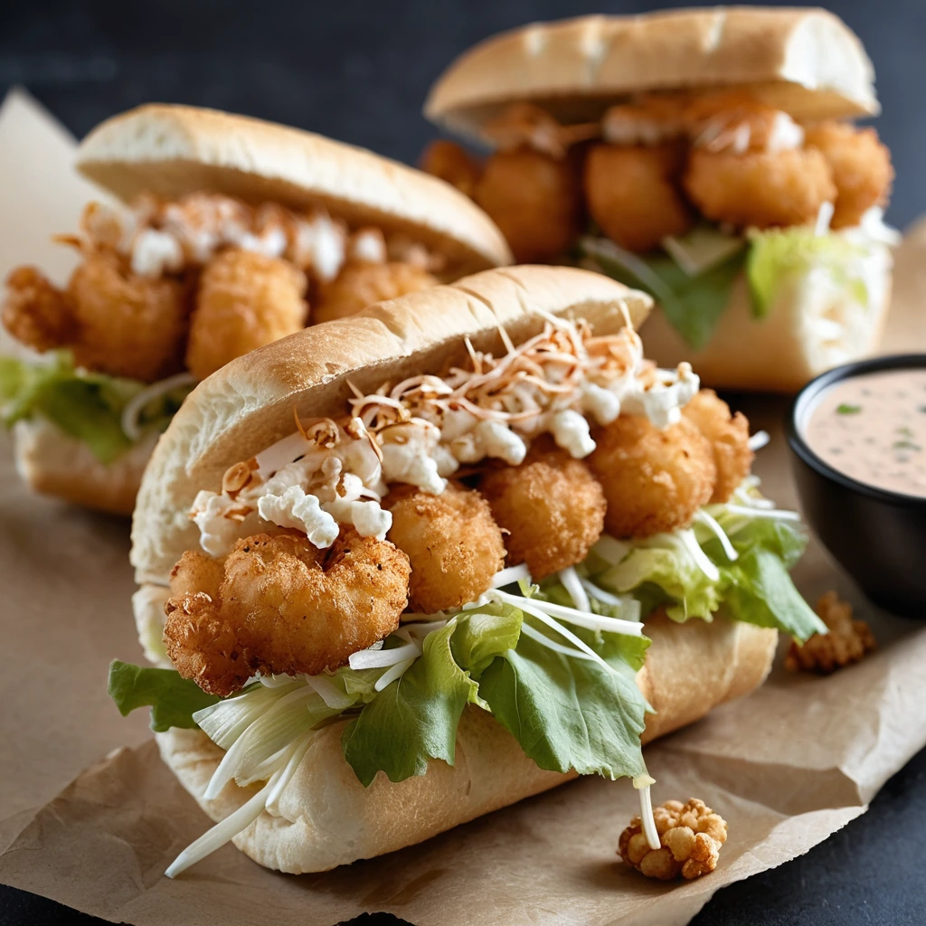 Golden shrimp in a toasted roll with shredded lettuce and a drizzle of sauce