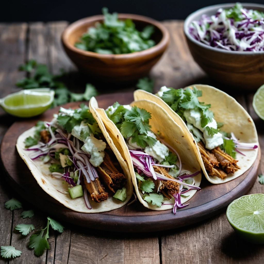 Warm tacos filled with crispy pork and potatoes, topped with vibrant green cilantro slaw on a rustic wooden board.