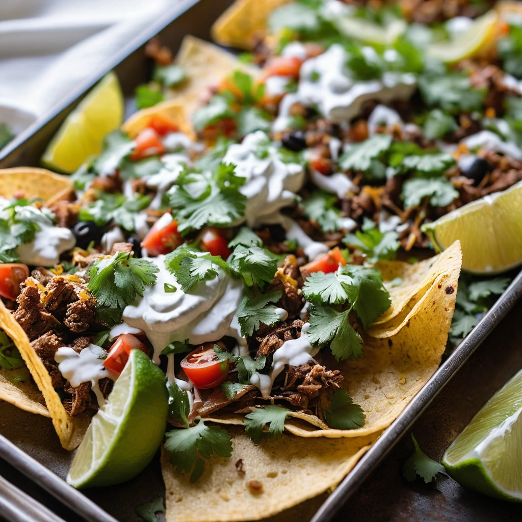 Sheet pan filled with crispy pork carnitas, melted cheese, beans, and topped with fresh cilantro and diced tomatoes.