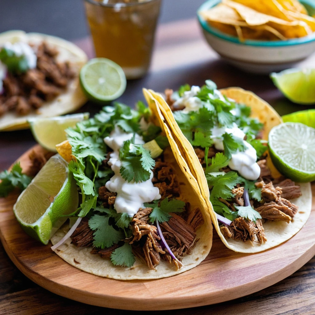 A colorful wooden board loaded with crispy golden pork, small corn tortillas, lime wedges, and fresh cilantro.
