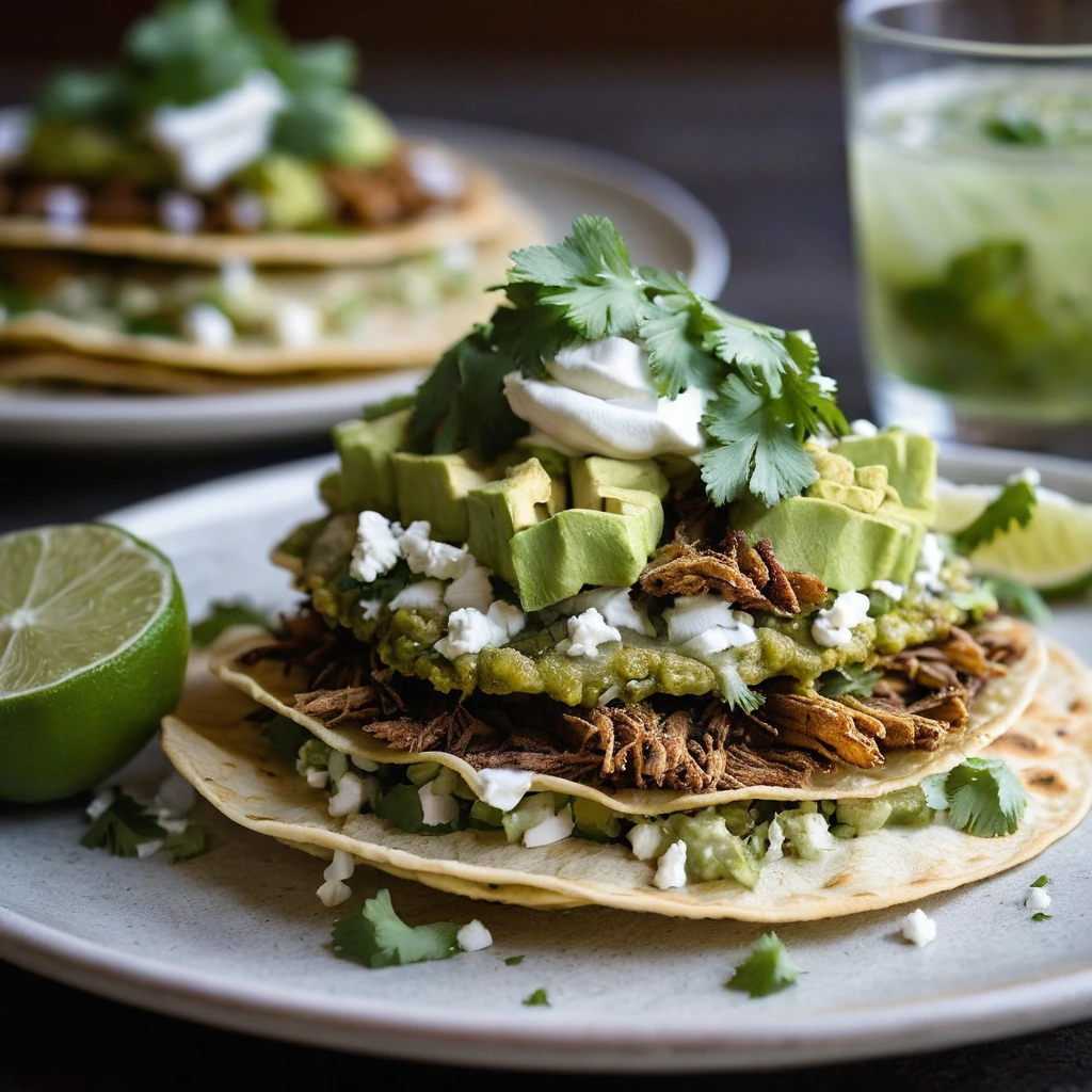 Layered tostadas with golden-brown crispy pork, green chile sauce, white cheese, and fresh cilantro on a plate