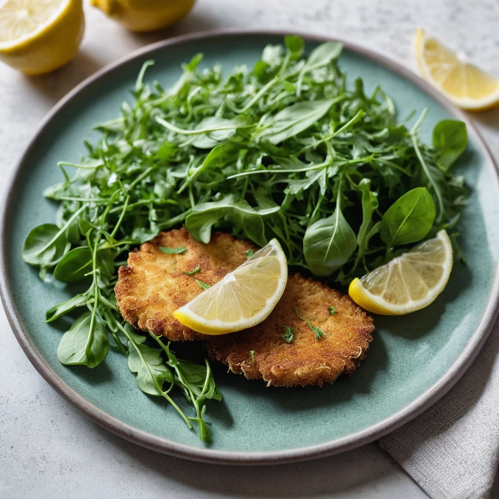 Golden brown pork cutlets on a bed of vibrant green arugula with lemon wedges