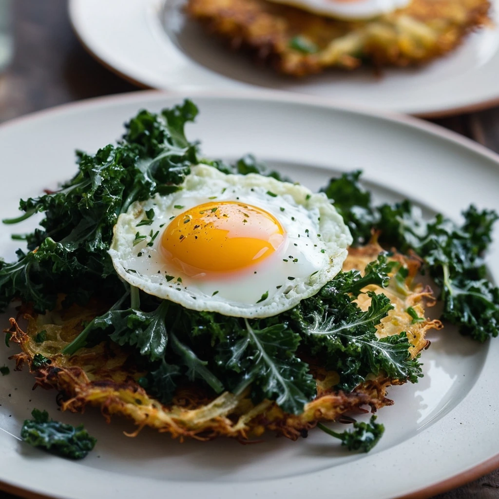 Golden rösti cake with crispy edges, topped with a sunny-side-up egg, surrounded by vibrant green kale.