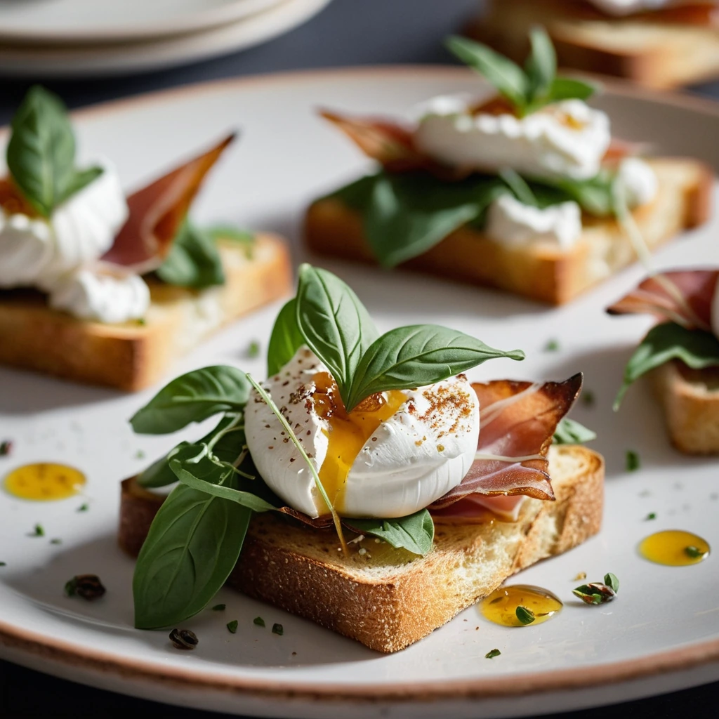 Toasted bread slices with melted burrata and folded prosciutto, drizzled with golden honey.