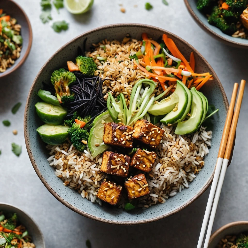 Colorful rice bowls with golden tofu, mixed vegetables, and a drizzle of dark sesame sauce