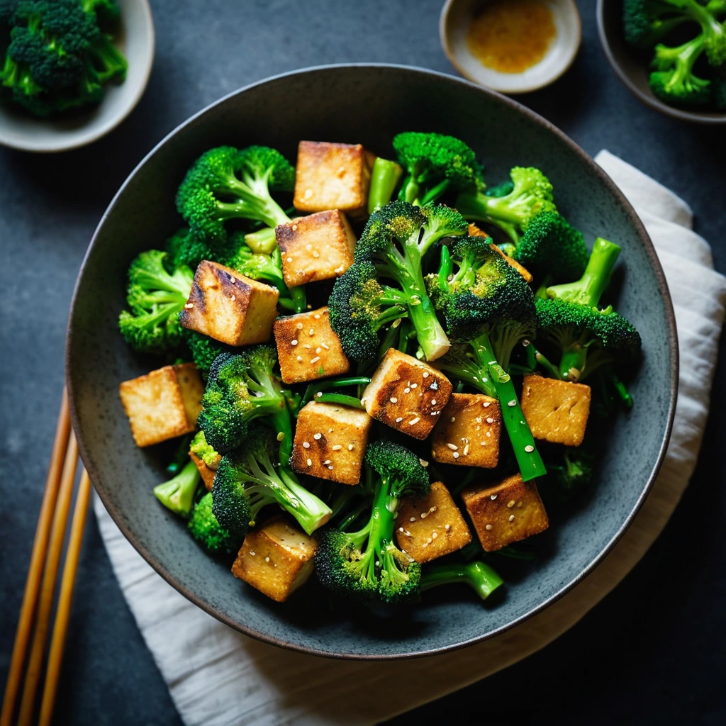 Crispy golden tofu cubes and bright green broccoli in a sizzling pan with a drizzle of sauce.