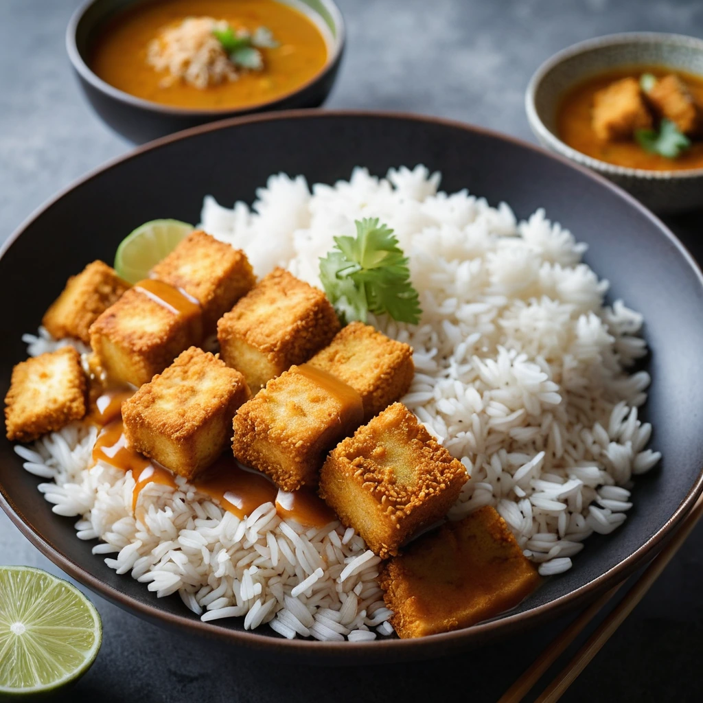 Crispy golden tofu katsu over a scoop of white rice, drenched in a vibrant orange curry sauce.