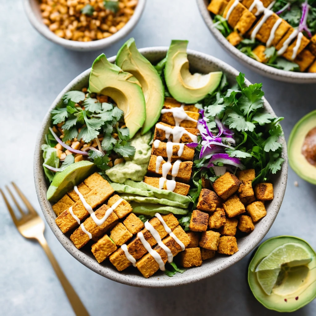 Colorful taco bowls with golden tofu cubes, greens, avocado, and a drizzle of orange sauce