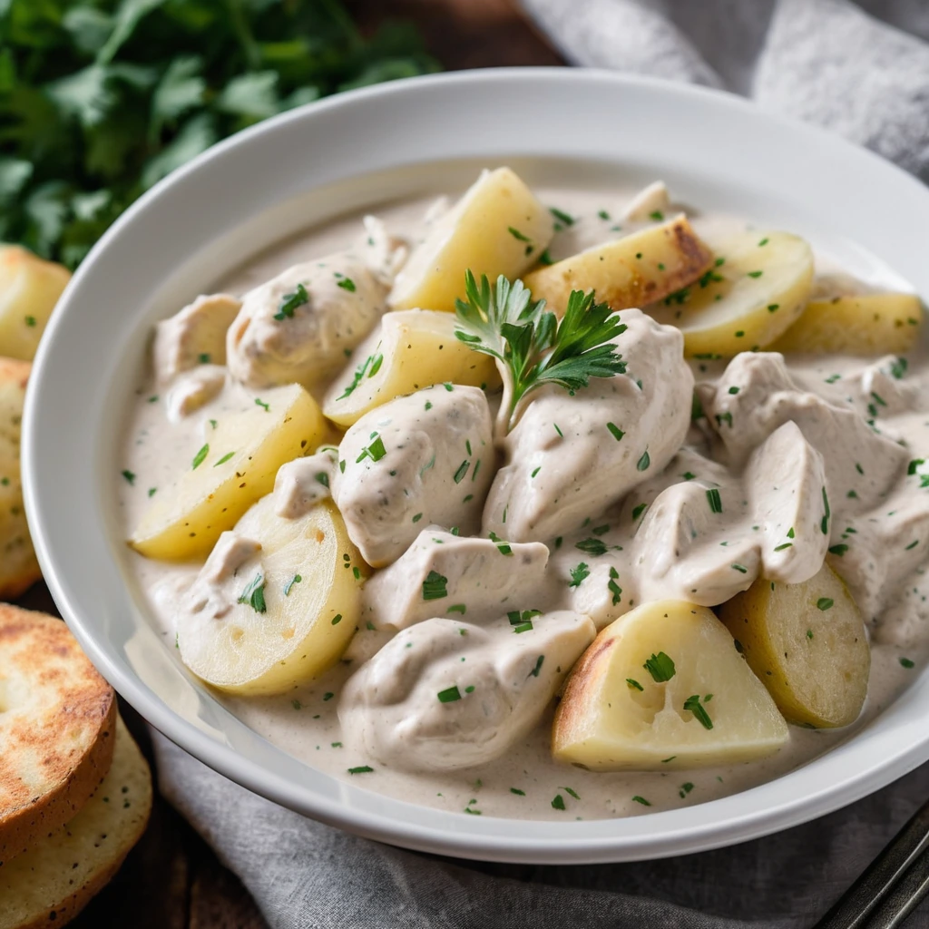 A rustic crockpot dish with golden potatoes and white chicken pieces covered in a creamy ranch sauce, garnished with fresh parsley.