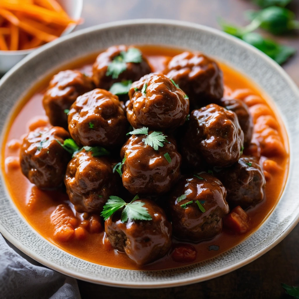 golden brown meatballs in a glossy orange sauce in a crockpot