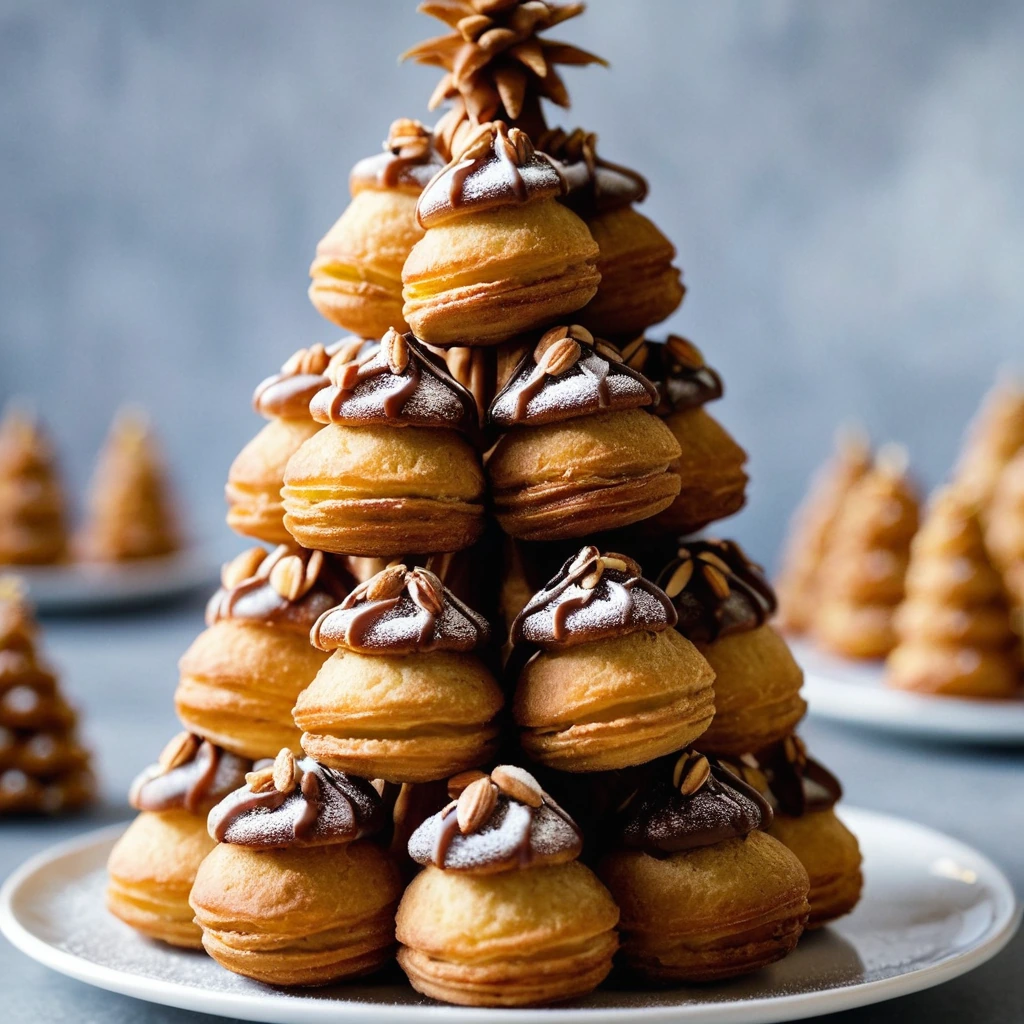 Towering structure of golden profiteroles drizzled with caramel, with toasted almonds at the base.