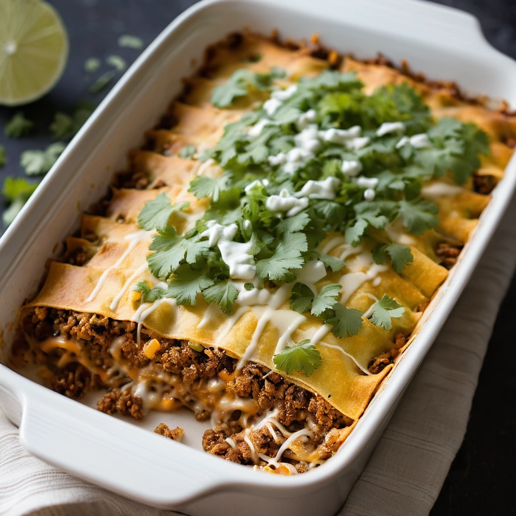 Golden-brown casserole with melted cheese on top, served in a rectangular baking dish with a sprinkle of fresh cilantro.